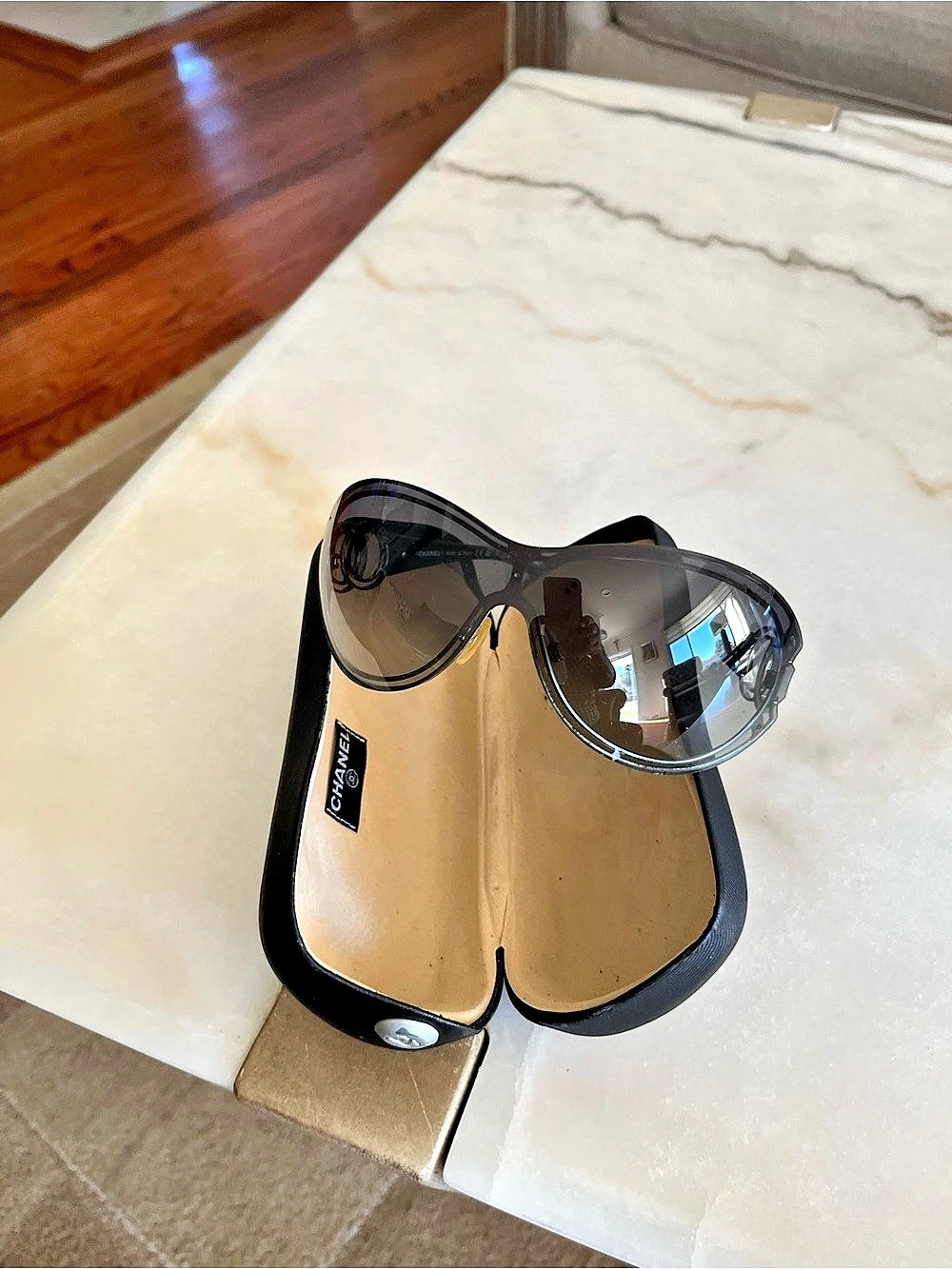Chanel 4145 Rimless Shield Sunglasses Black & Gray